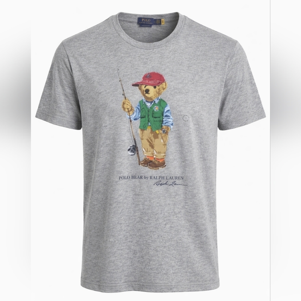 Polo Ralph Lauren Polo Bear Fishing Graphic T Shirt Gray Custom Slim Fit Men's L - Picture 5 of 5